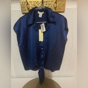 Rachel Zoe Deep Navy Silk Button-Front Tie Hem Cap Sleeve Top